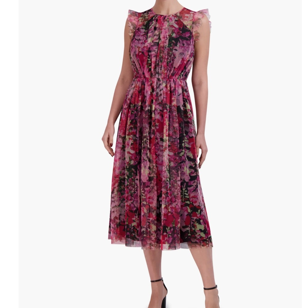 Laundry Floral Tulle Flutter Sleeve Midi Dress lavender multi size 14